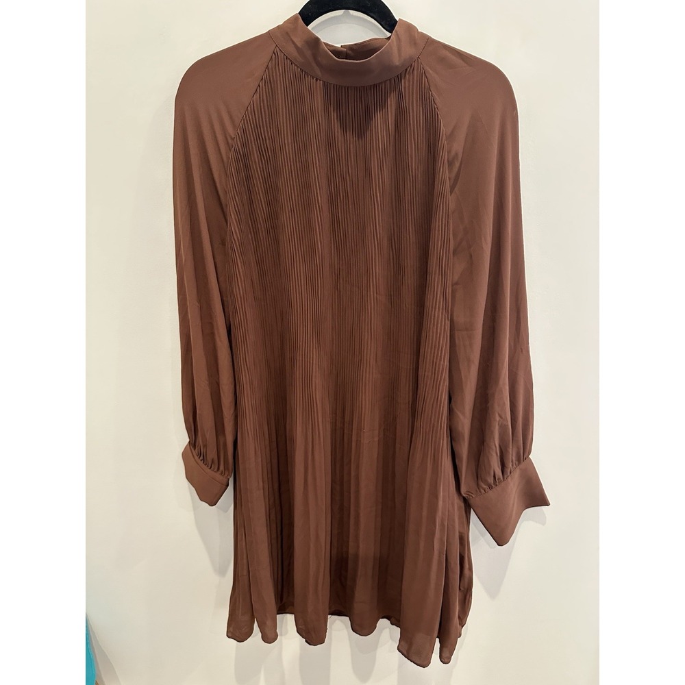 HM Brown Pleated Mock Neck Long Sleeve Shift Dress Large Classic Cocktail